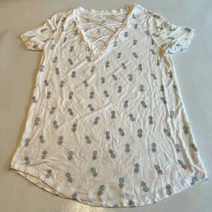 Womens Medium White Pineapple Print Lace-Up V-Neck T-Shirt Summer‎ Casual Top